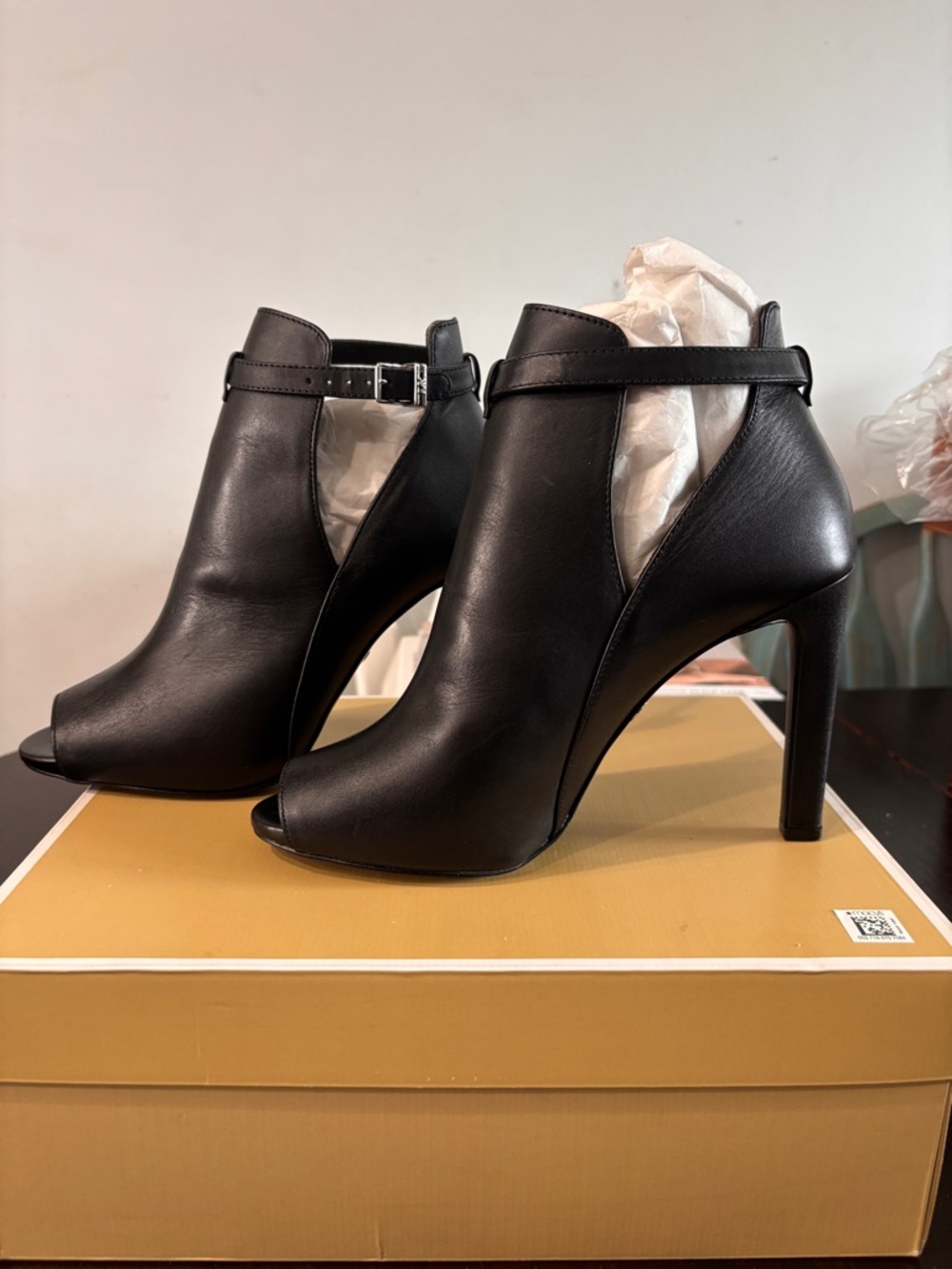 Michael Kors Black Leather Peep-Toe Ankle Booties with Buckle Strap - Picture 2 of 5